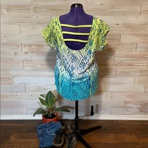 American Eagle Outfitters Women’s Large Neon Green Blue Backless Print Shirt